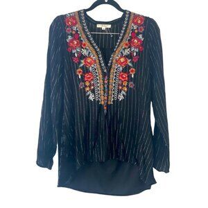 Andree By Unit Black Velvet Floral Embroidered Stripe Blouse With Long Sleeves -